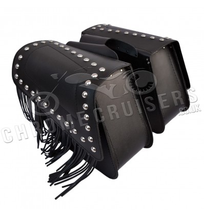 Motorrad schwarze Ledersatteltaschen mit Nieten und Quasten (11L)